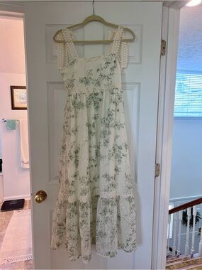 Lace-Trim Midi Dress in Cream with Sage Floral Print